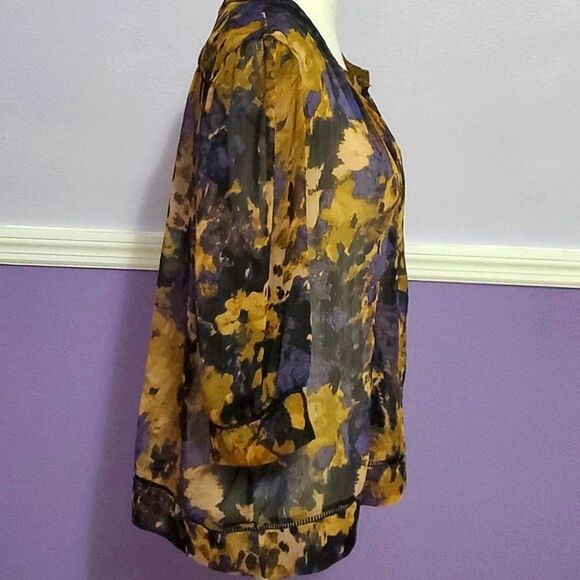 UO Staring at the Stars Boho Brown Smokey Abstrsct Pleated Cuffed Sleeves Top - Picture 5 of 13